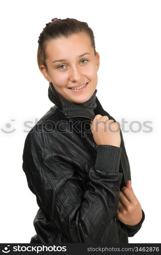 happy young girl in a black leather jacket isolated on white