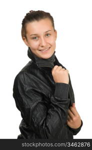 happy young girl in a black leather jacket isolated on white