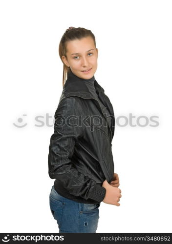 happy young girl in a black leather jacket isolated on white