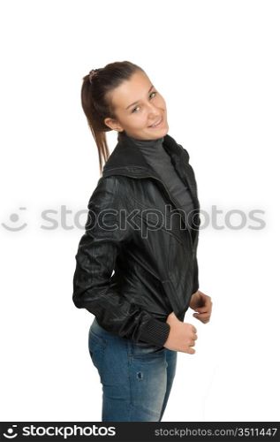 happy young girl in a black leather jacket isolated on white