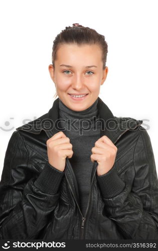 happy young girl in a black leather jacket isolated on white