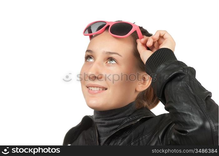 happy young girl in pink glasses isolated on white
