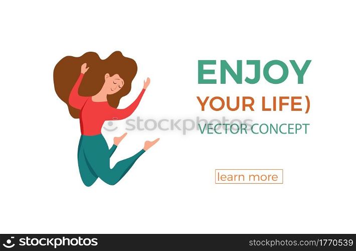 Happy young girl jumping in different poses vector illustration. Cartoon concept of joyful laughing woman with raised hands. Flat positive lifestyle design for party, sport, dance, happiness, success. Happy young girls jumping in different poses vector illustration.