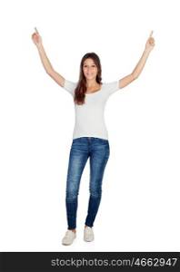 Happy young girl with her arms up isolated on a white background