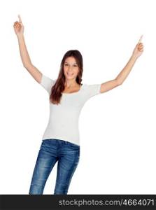 Happy young girl with her arms up isolated on a white background