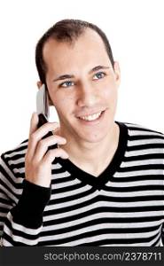 Happy young guy talking on cellphone isolated on white background