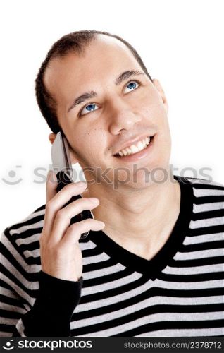 Happy young guy talking on cellphone isolated on white background 