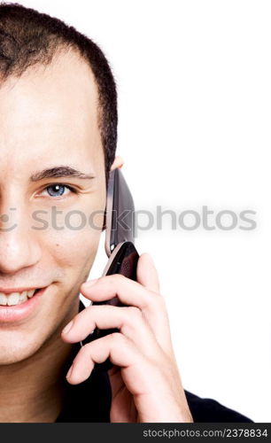 Happy young guy talking on cellphone isolated on white background