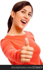 Happy Young Lady Showing Thumb&rsquo;S Up on isolated background