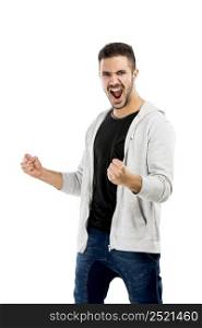 Happy young latin man with arms up