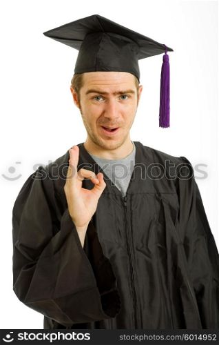 happy young man after his graduation, isolated on white
