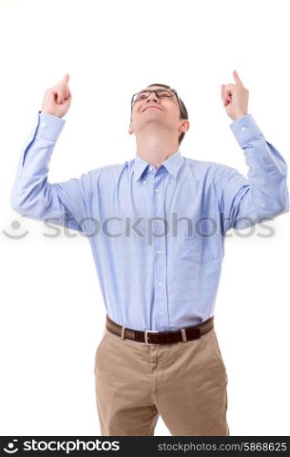 Happy young man celebrating with arms open