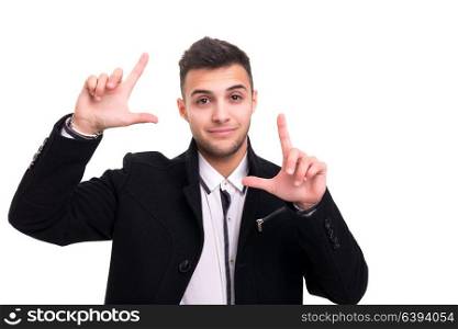 Happy young man framing photography, isolated over white