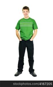 Happy young man full body standing isolated on white background
