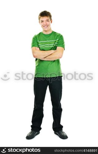 Happy young man full body standing with arms crossed isolated on white background