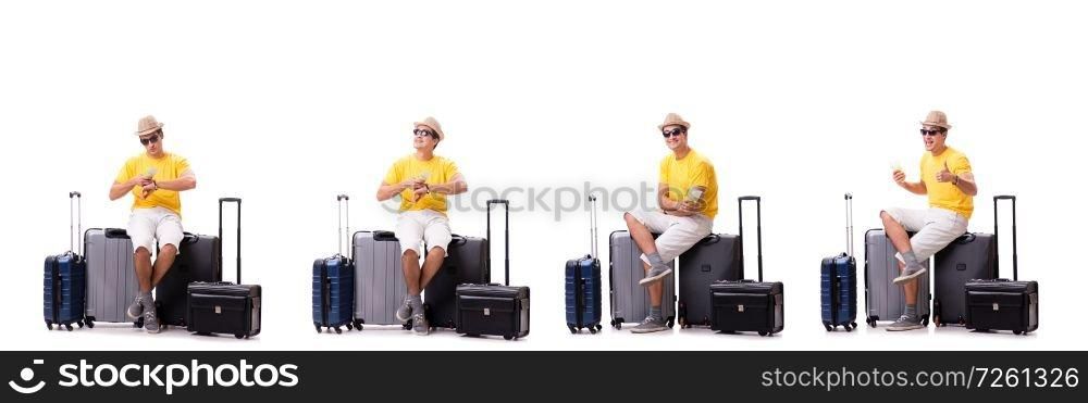 Happy young man going on summer vacation isolated on white. The happy young man going on summer vacation isolated on white