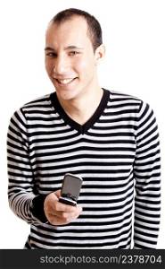 Happy young man holding a cellphone isolated on white background