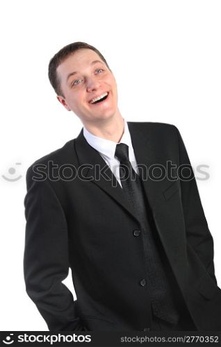 Happy young man in a black suit. Isolated on white background