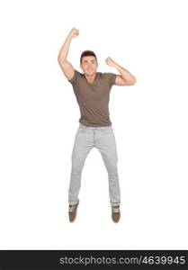 Happy young man jumping isolated on a white background
