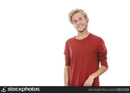 Happy young man portrait, stylish bearded male smiling, isolated on white. Portrait of young smiling man