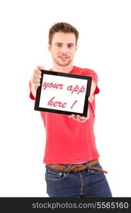 Happy young man presenting your product in a tablet computer