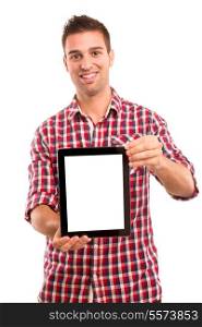 Happy young man presenting your product in a tablet computer