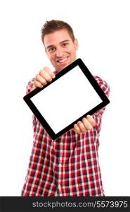 Happy young man presenting your product in a tablet computer