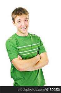 Happy young man standing with arms crossed isolated on white background