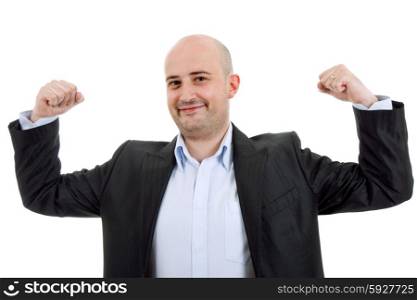 happy young man winning, isolated on white