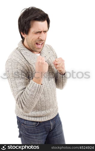 happy young man winning with open arms, isolated on white background