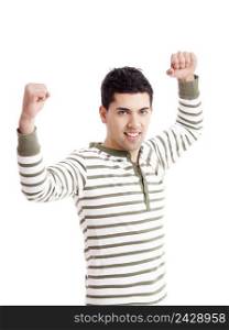 Happy young man with arms up isolated on a white background 
