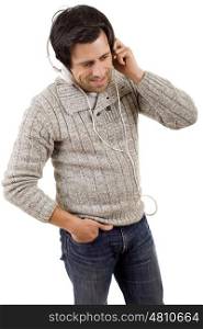 Happy young man with headphones, listening to music, isolated
