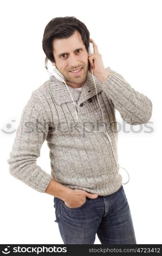 Happy young man with headphones, listening to music with eyes closed, isolated