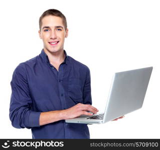 Happy young man with laptop - isolated on white