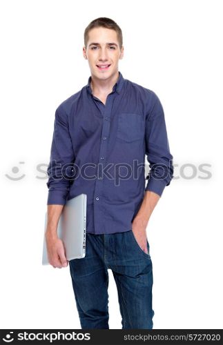 Happy young man with laptop - isolated on white