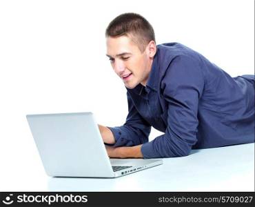Happy young man with laptop portrait profile - isolated on white