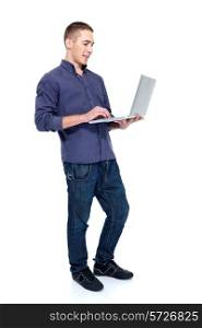 Happy young man with laptop profile potrait - isolated on white
