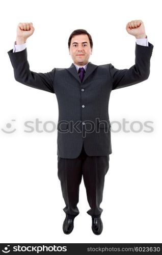 happy young man with wide open arms isolated on white
