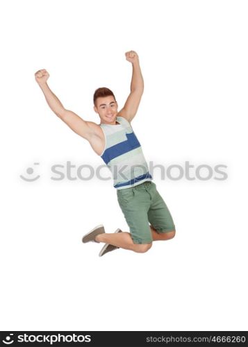 Happy young men jumping isolated on a white background