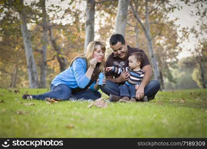 Happy Young Mixed Race Ethnic Family Playing Together with Bubbles In The Park.