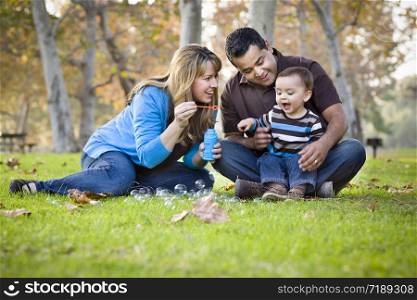 Happy Young Mixed Race Ethnic Family Playing with Bubbles In The Park.