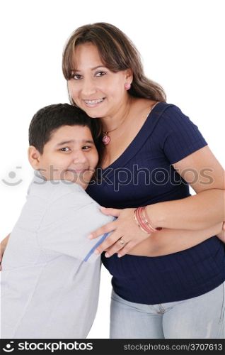 Happy young mother and her son posing together. Isolated over white.