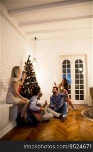Happy Young people celebrating Christmas and New Year by fir-tree at home