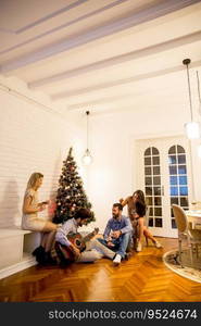 Happy Young people celebrating Christmas and New Year by fir-tree at home