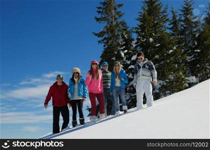 happy young people group have fun and enjoy fresh snow at beautiful winter day