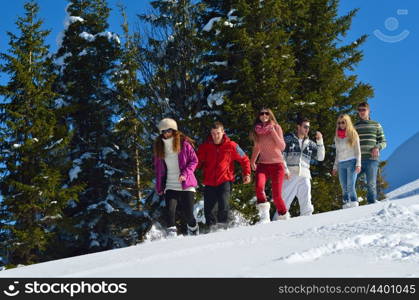 happy young people group have fun and enjoy fresh snow at beautiful winter day