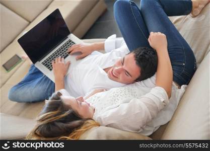 happy young relaxed couple working and playing on laptop computer at home