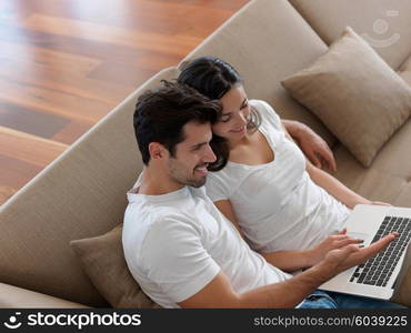 happy young relaxed couple working on laptop computer at modern home indoor