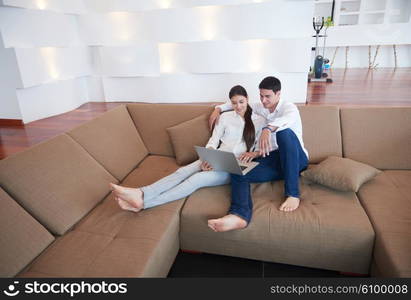 happy young relaxed couple working on laptop computer at modern home interior