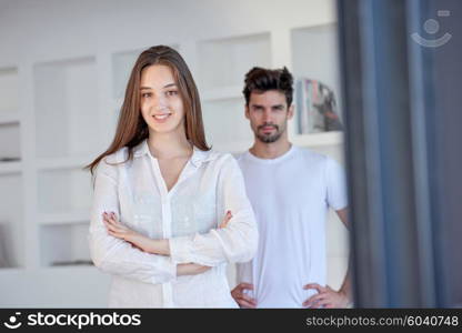 happy young romantic couple have fun relax smile at modern home outdoor terace balcony terace